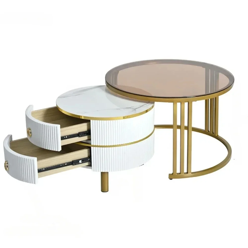 Штабелируемый круглый центральный стол для кофе с коричневым закаленным стеклом