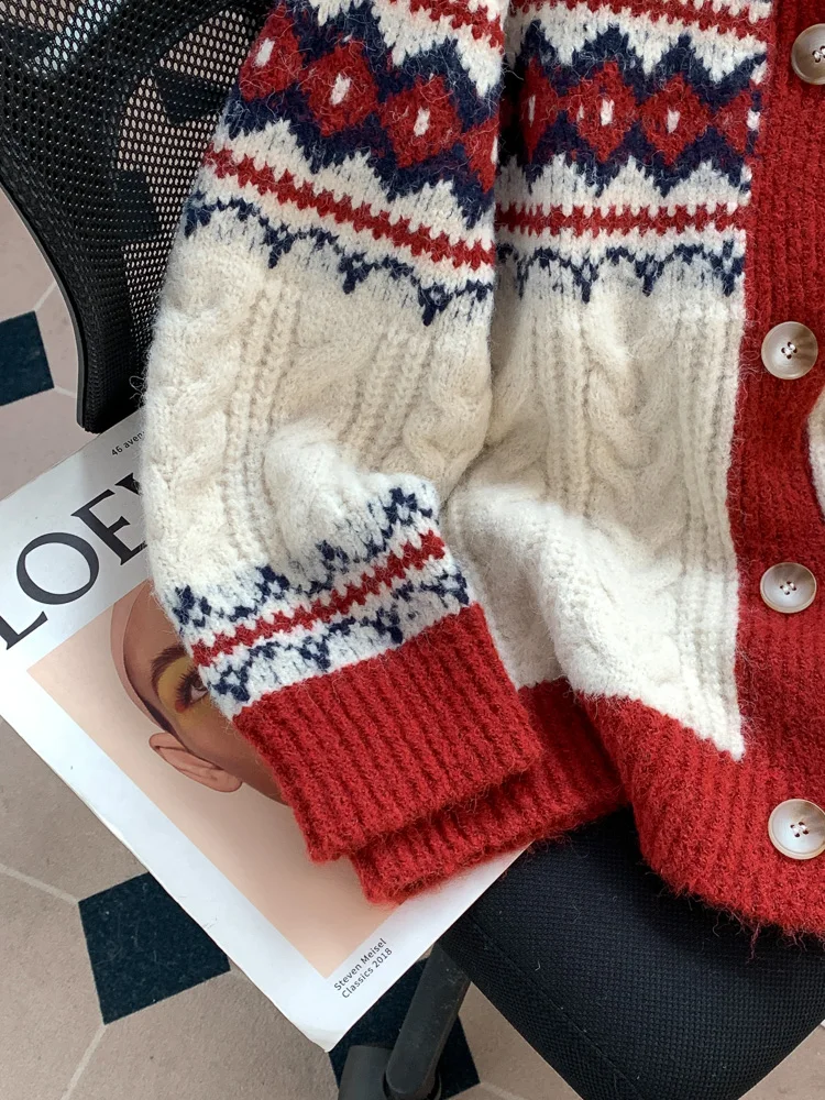 Жаккардовый красный Рождественский и новогодний свитер в стиле ретро Женская