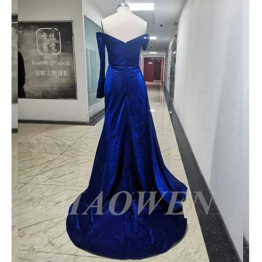 

HAOWEN Short Long Sleeves Meramid Sparkly Glitter Strapless Evening Gowns Sexy High Slit Party Floor-Length