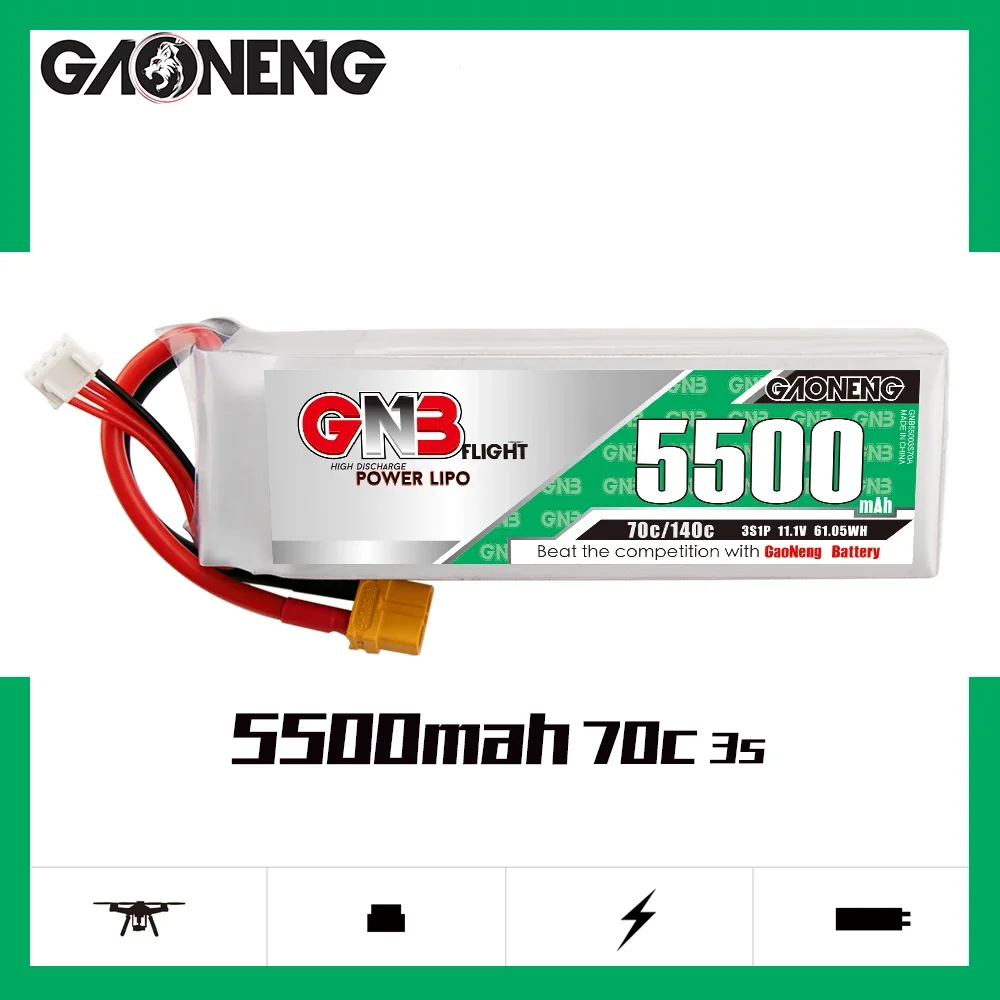

GAONENG GNB 5500mAh 3S1P 11.1V 70C Light Weight Lipo Battery With XT60/XT90S Plug For UAV Helicopter RC Car Boat Airplane Parts