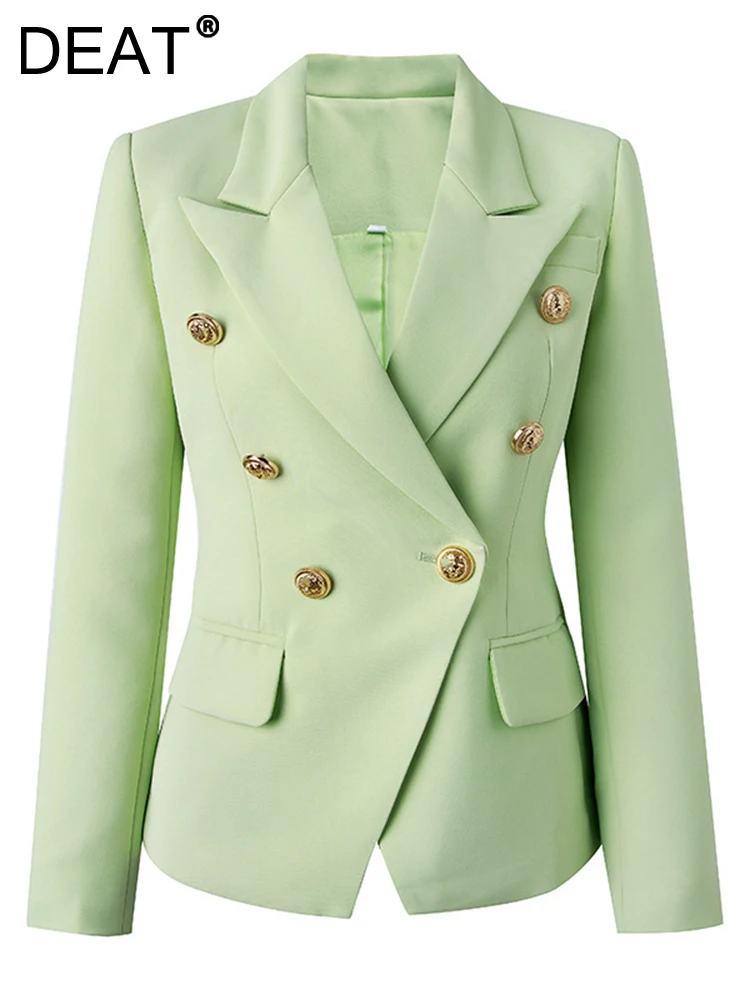 

Женский двубортный Блейзер DEAT, светло-зеленый пиджак с отложным воротником и длинным рукавом, осень 2023