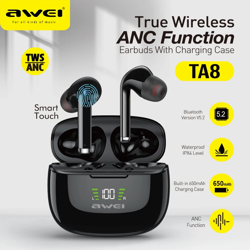 

Awei TA8 ANC Fone Bluetooth Earphones Wireless Headphones LED Display TWS Headset Gamer Noise Reduction Earbuds with Dual Mic