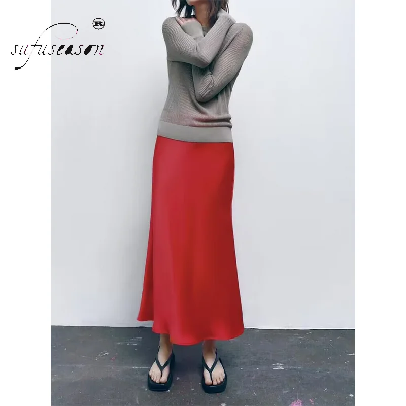 

2023 New In Fashion Womens Pleated Za Red Midi Skirt Summer Female High Waist Chiffon Chic Solid Dress Elastic Waist Skirt Traf
