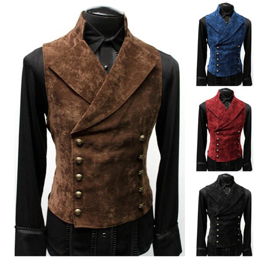 

Men's New Fashion Stand-up Collar Double-breasted Vest Male Casual Waistcoat Vest Slim Sleeveless Small Jacket Clothing