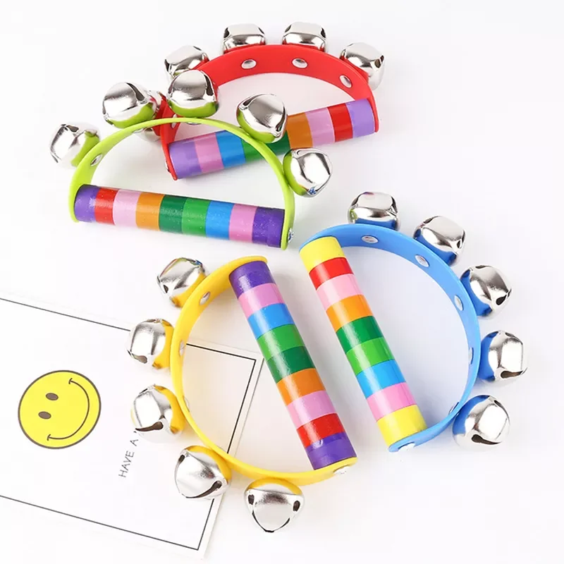 

Educational Toy Rainbow Wooden Hand Shake Bell Rattles 5 Jingle Toddler Baby Rattles Funny Toys Baby Gift Color Random