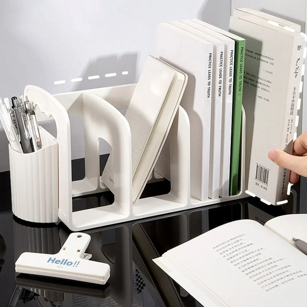 Acrylic Bookends Large Capacity with Pen Holder Desktop Book Transparent 4 Compartments Sorting Rack