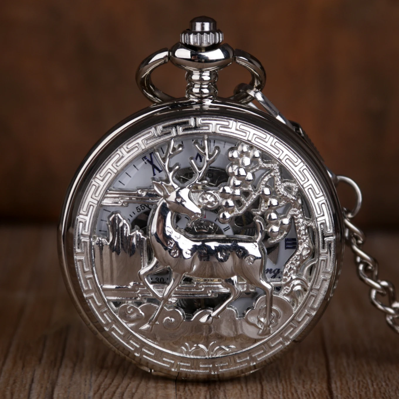 Deer Carving Vintage Double Opening Mechanical Pocket Watch Roman Numeral Display Popular Strap Chain Pendant Men's Ladies Gift