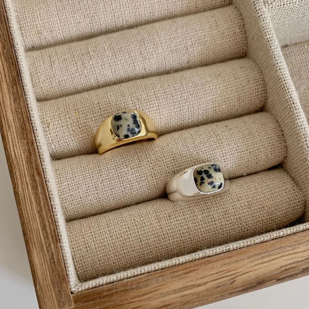 

18K Gold Authentic S925 Sterling Silver Jewelry Natural Zebra Stone Rpunded Square ring Fashion C-J1771