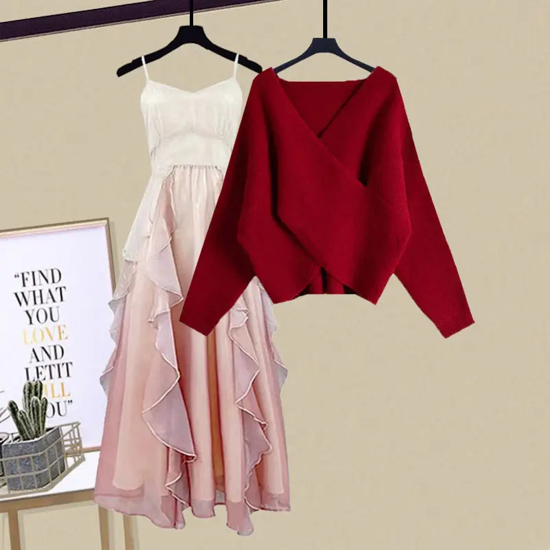 

Korea Thickened Knitted Sweater Pullover Fashion Strap Dress Two Piece Set Elegant Women's Party Dress Suit