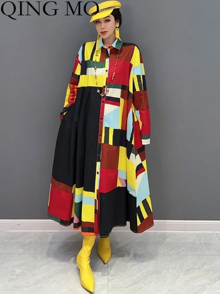 QING MO 2023 Spring Autumn POLO Collar Dress Loose Mid-length Lattice Color Blocking Leisure Dress Women ZXF2279