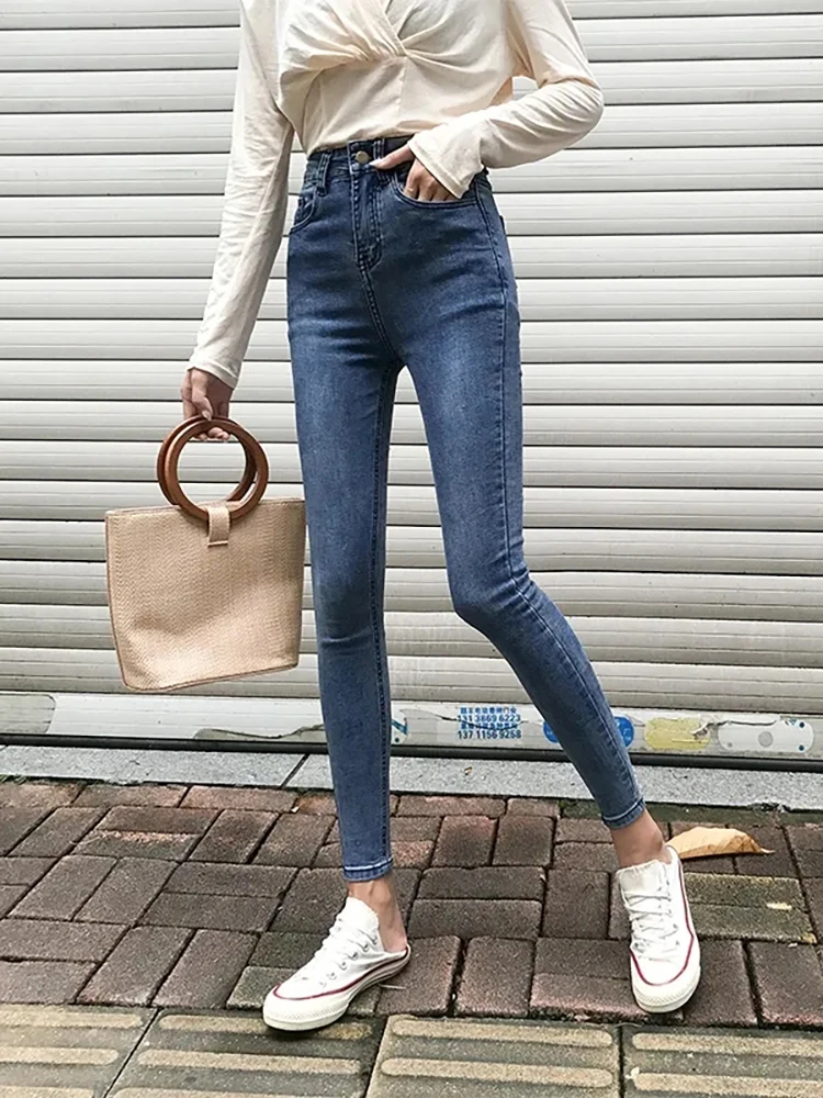 Denim Pants Female Korean Fashion Streetwear Ankle-length Women Pants 2023 Simple Slim Stretch Pants