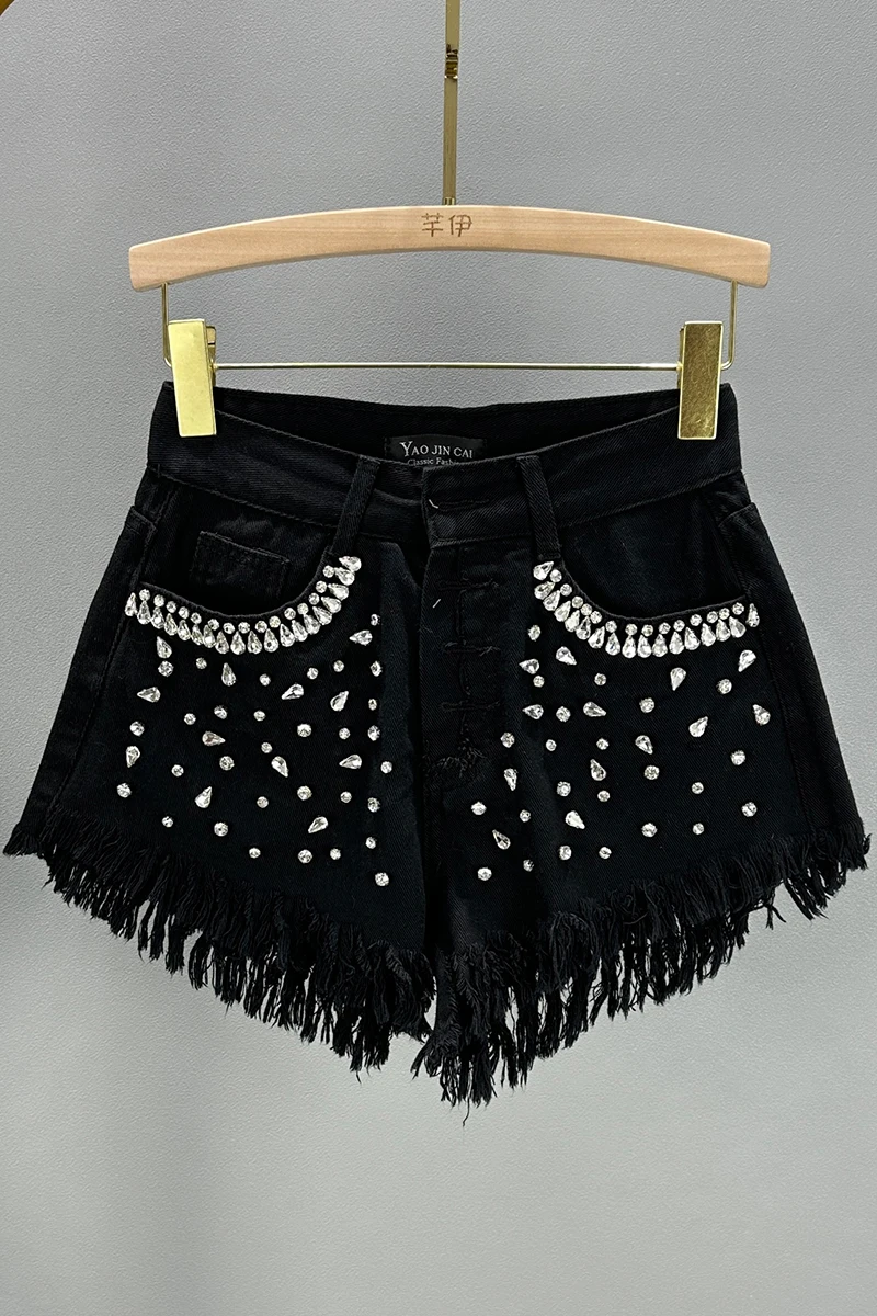 European Sexy Raw Edge Denim Shorts Women Summer 2023 New High Waist Single-Breasted Slim Diamond-Embedded Wide-Leg Short Pants