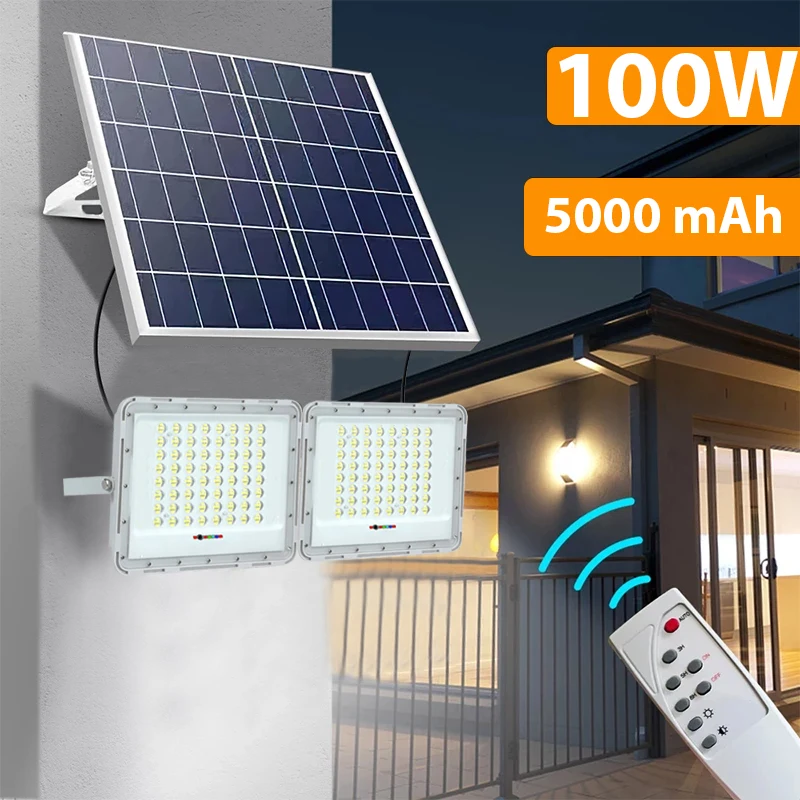 100W 2-LED น้ำท่วมพลังงานแสงอาทิตย์หลอดไฟถนนกันน้ำที่ใช้ในครัวเรือนระยะไกลในร่มและกลางแจ้งสวน...