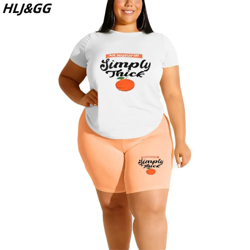 HLJ&GG Plus Size Women Clothing 2XL-6XL Casual Printing Round Neck Tshirt And Biker Shorts Two Piece Sets Summer Sporty Outfits