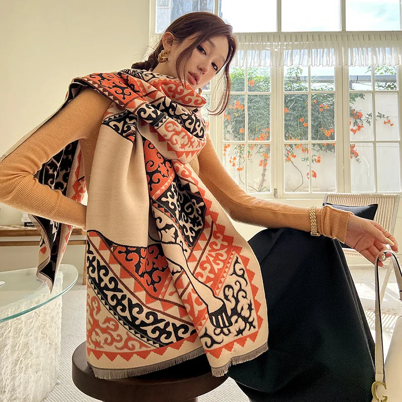 

2023 ретро графика женский кашемировый шарф модный толстый теплый зимний плащ большая шаль леди длинное одеяло из пашмины бандана шарфы
