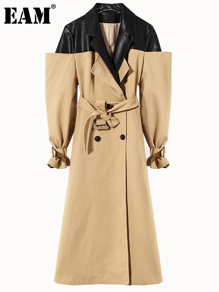 

[EAM] Women Khaki Color-block Belted Long Trench New Lapel Long Sleeve Loose Windbreaker Fashion Spring Autumn 2023 1DE4272