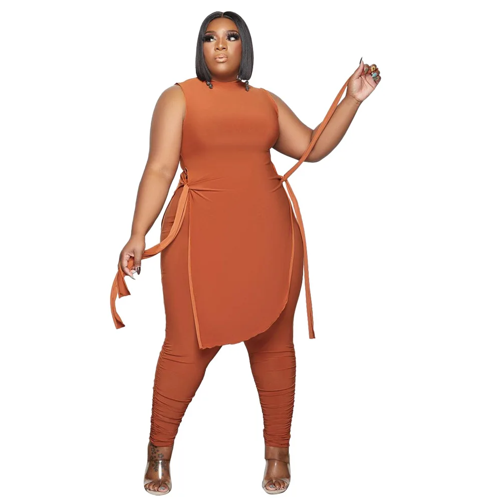 

Casual Large Solid Suit Two Pieces Outfits Office Lady Sleeveless Bandage Irregular Long Top + Slim Folds Pants Sexy Sports Set