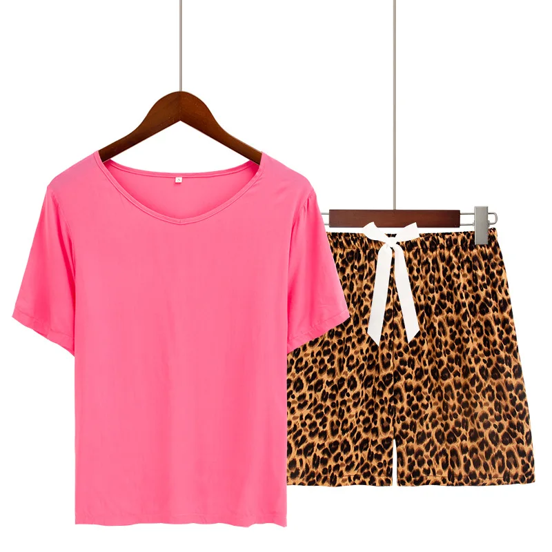 

Женский пижамный комплект размера плюс S-3XL, хлопковая футболка, шорты с леопардовым принтом, Женская пижама с галстуком-бабочкой