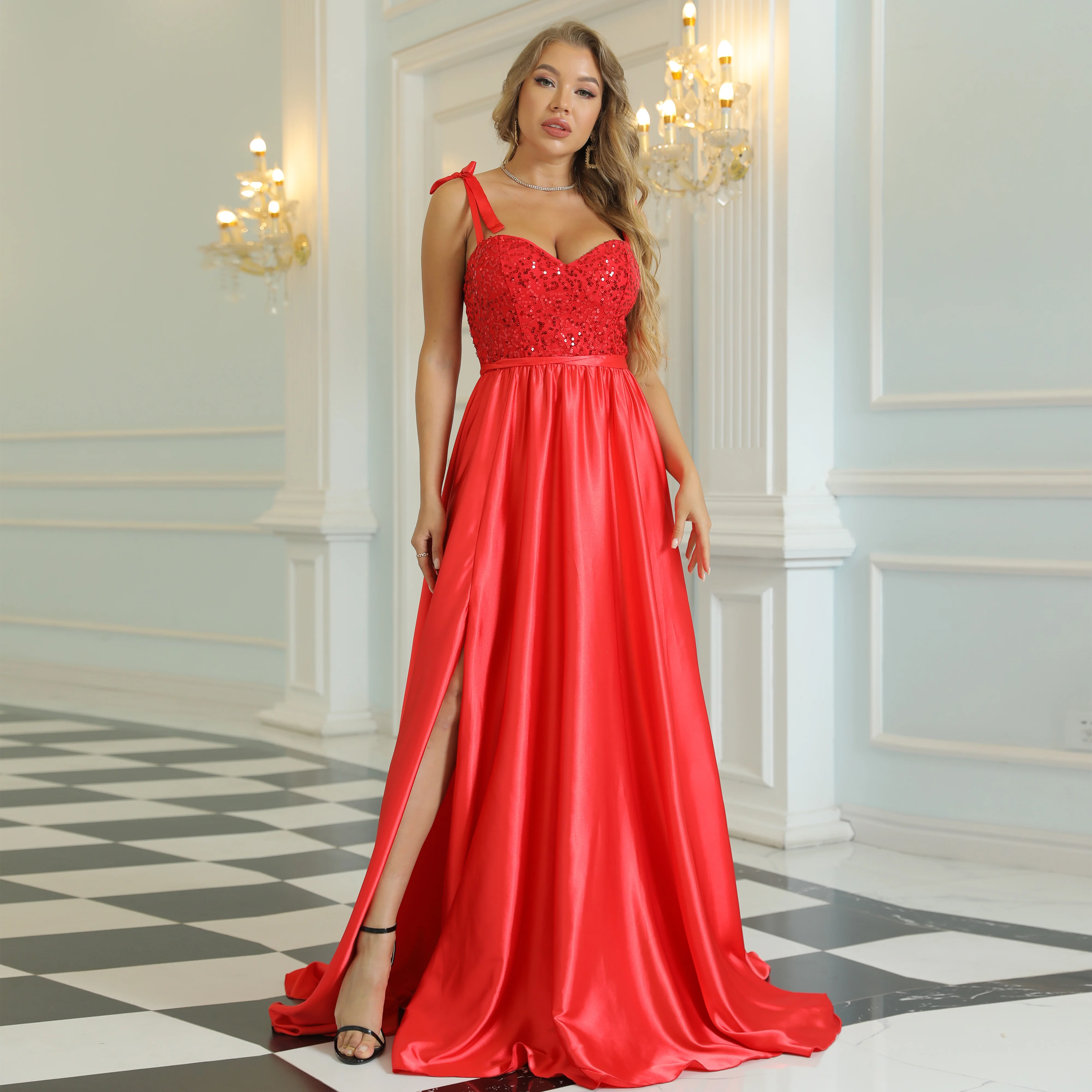 Elegant Prom Dress Sexy Slim Red Sleeveless Strapless Tube Top Strap Sequin Stitching Split Robe De Soire De Mariage Vestidos