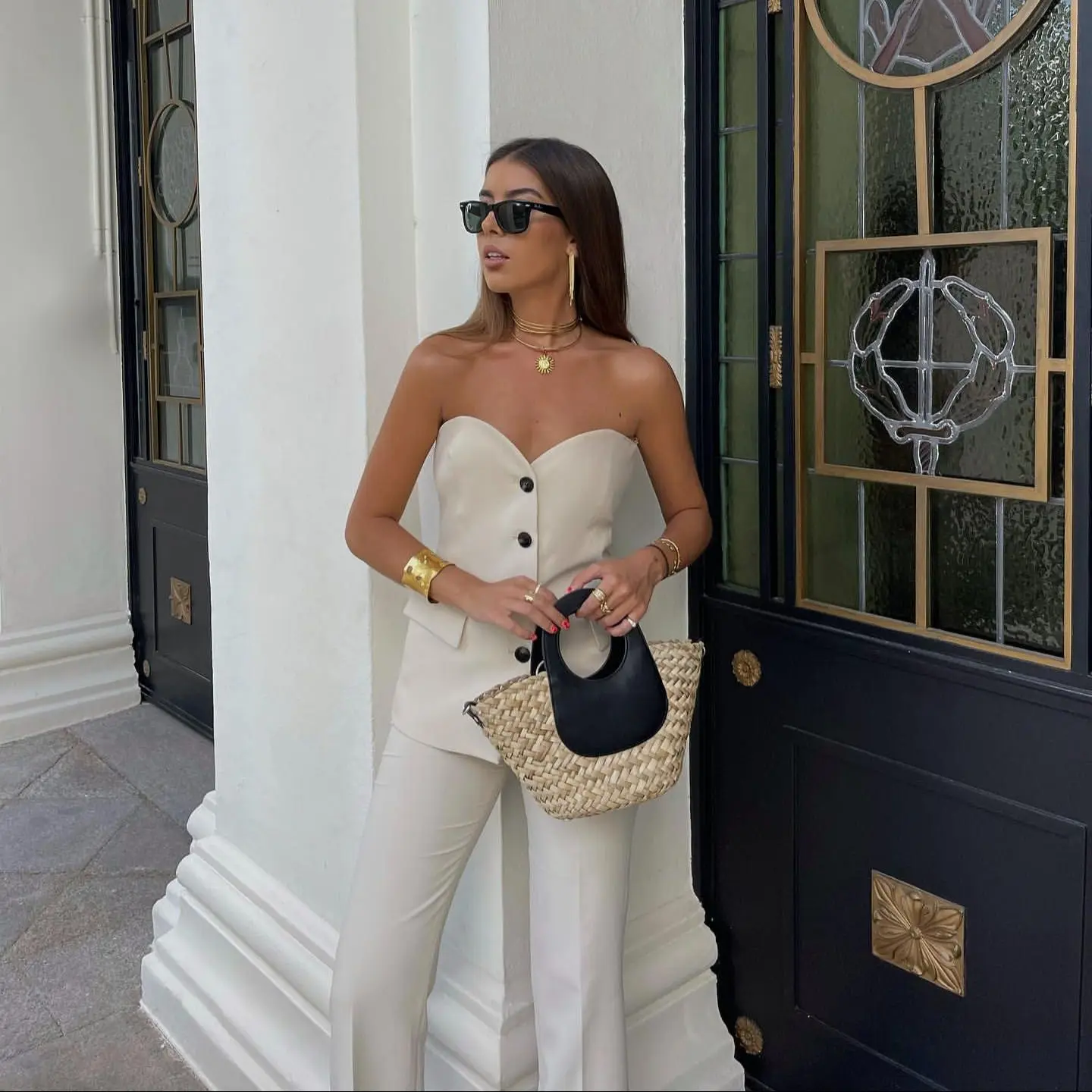 

Summer Women's Beige Wrap Chest Single-breasted Suit Top High Waist Suit Trousers Suit Sexy High Street British Style