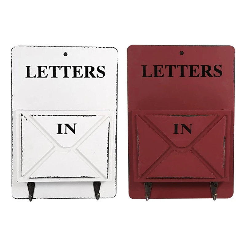 

2 Pcs Wooden Mail Box Letter Rack Wall Mounted Mail Sorter Storage Box Key Hooks Standing Holder, White & Dark Red