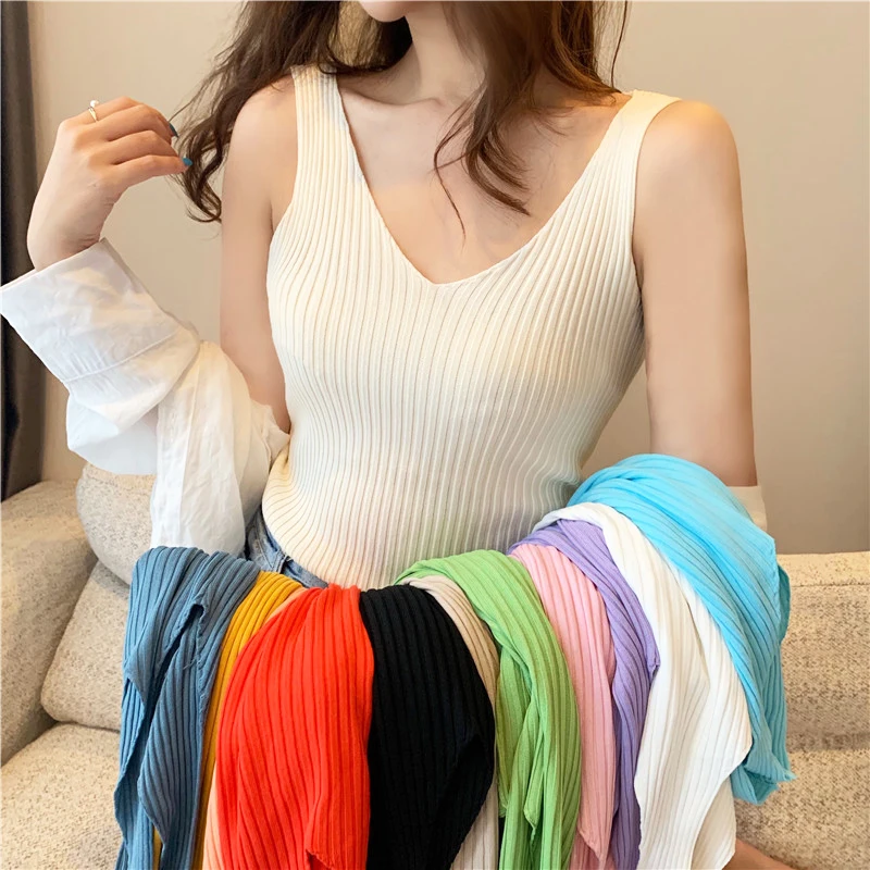 

V-neck Knitted Ice Silk Sleeveless Top Thin Vest Knit Sweater Women Sexy Slim Camisole Female Women Clothing Spring Summer Fall