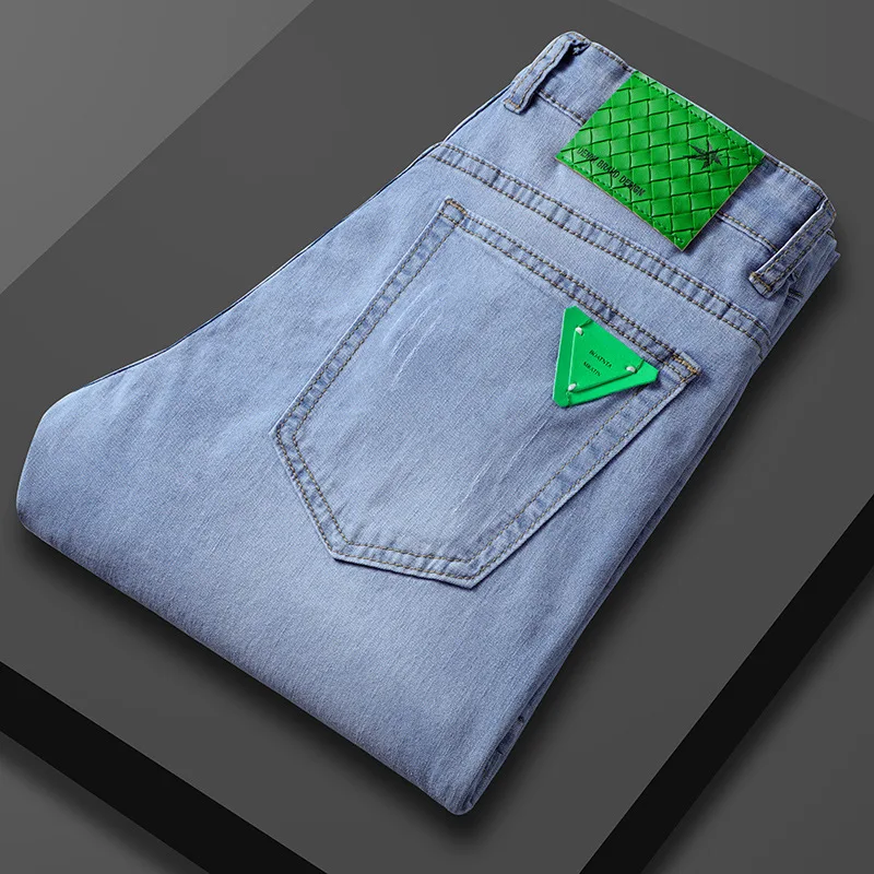 

New Summer Men's Slim Fit Jeans Straight Lightweight Cotton Stretch Jeans Classic Fashion Trend Green Leather Brand Denim Pants