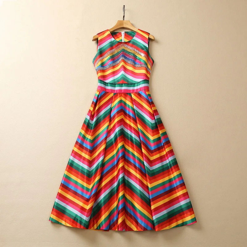 European and American women's clothes 2023 spring new Sleeveless beading Rainbow striped print Fashionable dress