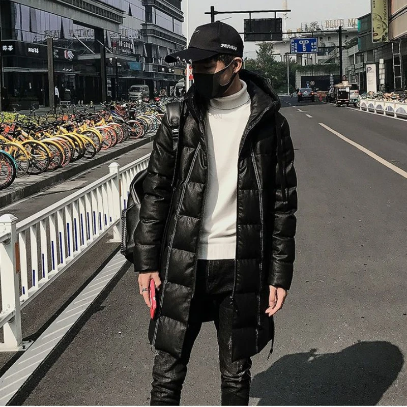 Men's Jacket Parkas Men's Winter Jackets Men's Cold Jacket Long Coat Hooded PU Leather Thicken and Keep Warm Cotton-padded Coat