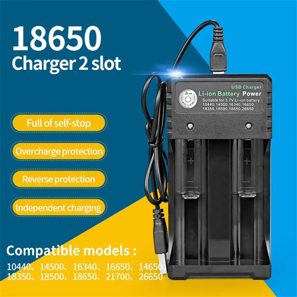 

18650 Dual Slot Charger USB Independent Charging LED Li-ion Rechargeable Battery Charger 18500 16340 14500 26650 Battery Charger