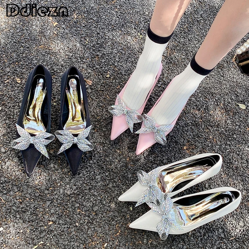 

Female Shoes High Heels 2023 New In Black Butterfly-Knot Fashion Women Pumps Ladies Sandals Pointed Toe Rhinestones Footwear