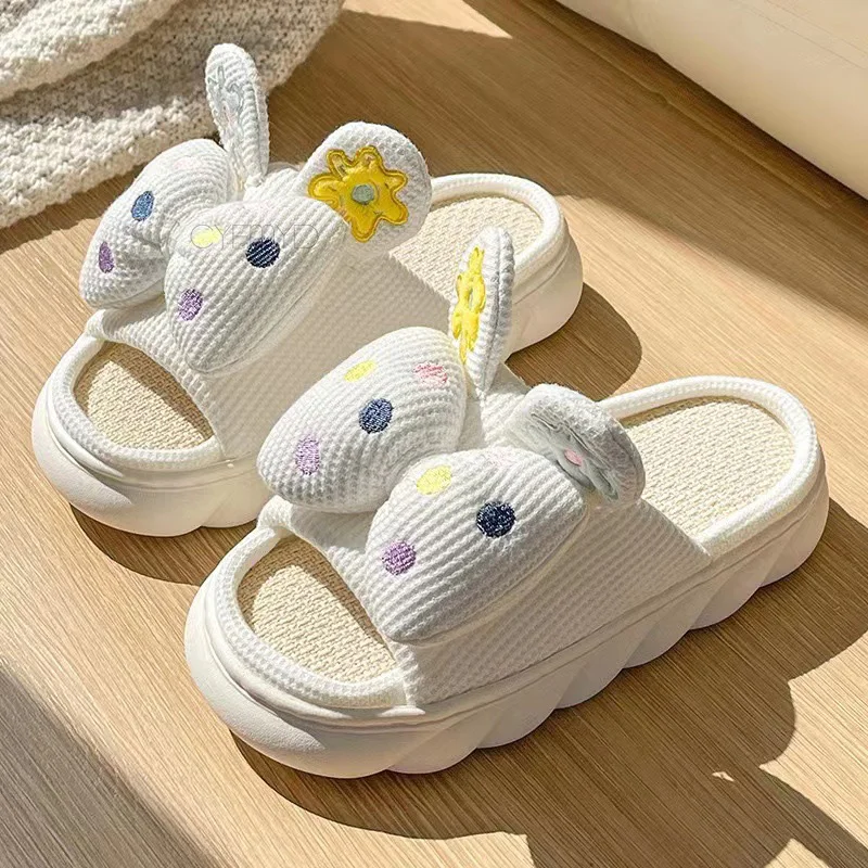 2022 New All Senson Bedroom Slippers for Women's Sweet Butterfly-Knot Cotton Linen House Slides Thick Sole Women Indoor Slippers