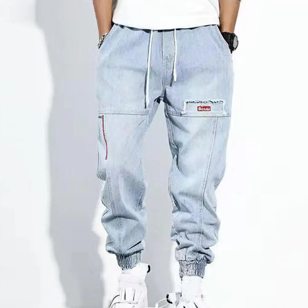 

Thin Loose Men Jeans Solid Color Ripped Elastic Waist Casual Student Trousers Men Streetwear Summer Soft Pants