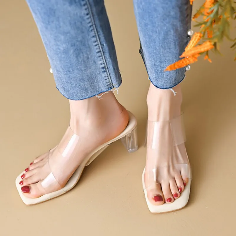 

Luxury PVC High Heels Women Slippers Sexy Sandals Summer Chunky Pumps Shoes Sexy Dress Designer Transparency Flip Flops 2023 New