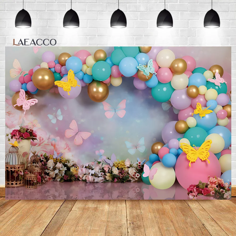 

Laeacco Pink Girl Portrait Backdrop for Photography Floral Butterfly Balloon Decor Newborn Baby Shower Birthday Photo Background