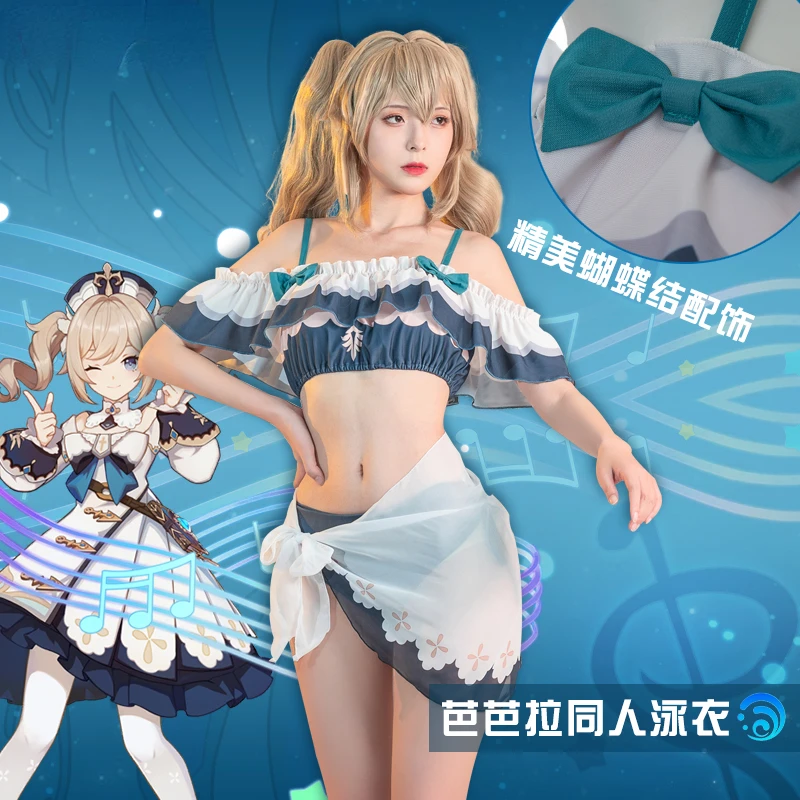 Genshin Impact Cosplay Costume Barbara Dress Sexy Swimwear Suit Bikini Straps Swimsuit Summer Carnival Party Yarn Skirt for Girl