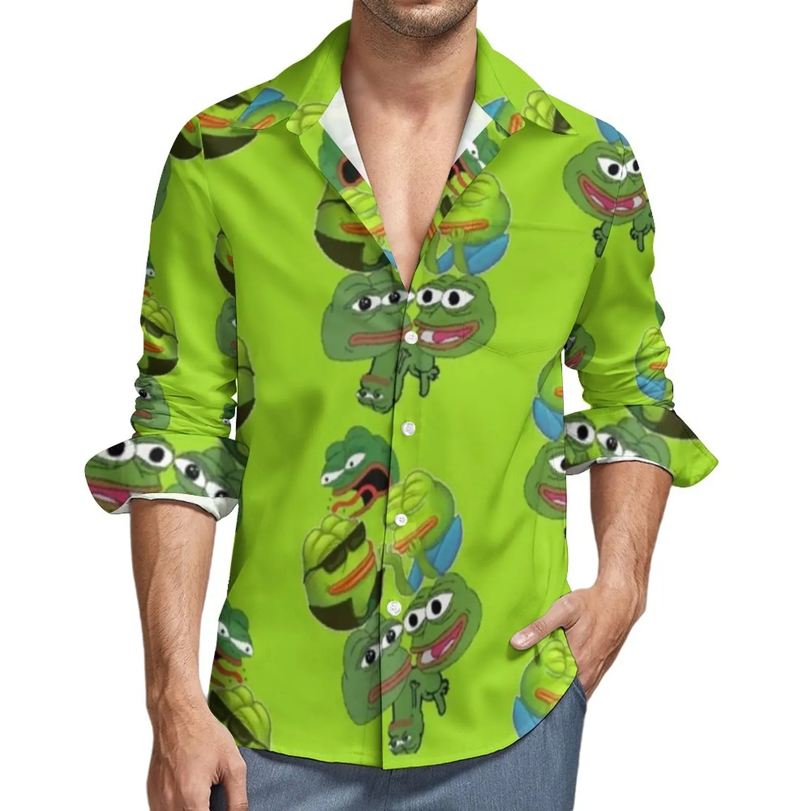 

Рубашка мужская с длинным рукавом, Повседневная Блузка в стиле Харадзюку, с принтом лягушки, в винтажном стиле, осень