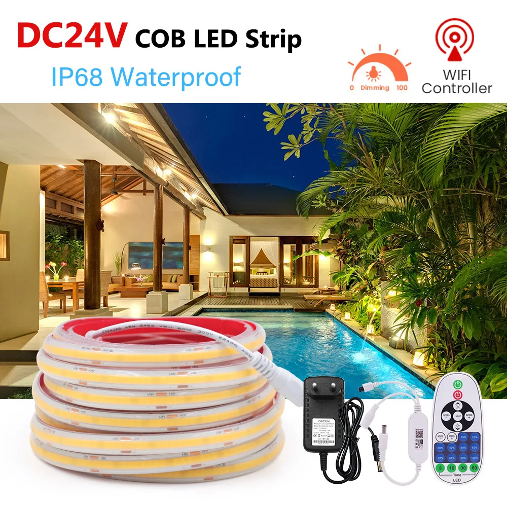 

IP68 COB LED Strip 320Leds/m High Density Flexible Tape 3000K 4000K 6000K DC24V Light with WiFi Dimmer for Outdoor Decoration