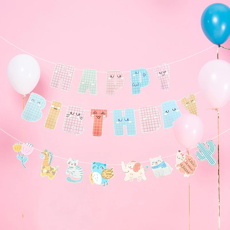Фото Флаг алфавит на день рождения, баннер с животными, мультяшное украшение для вечеринки, Товары для ванной, флажки, гирлянда, бумажный баннер №2