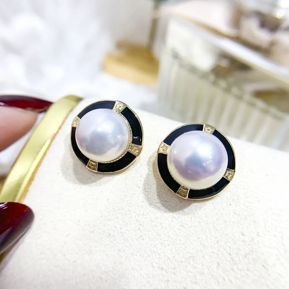 

DIY Pearl Ear Stud Accessories S925 Sterling Silver Jewelry Fashion Round Wheel Ear Studs Women's Empty Fit 11-12mm Beads