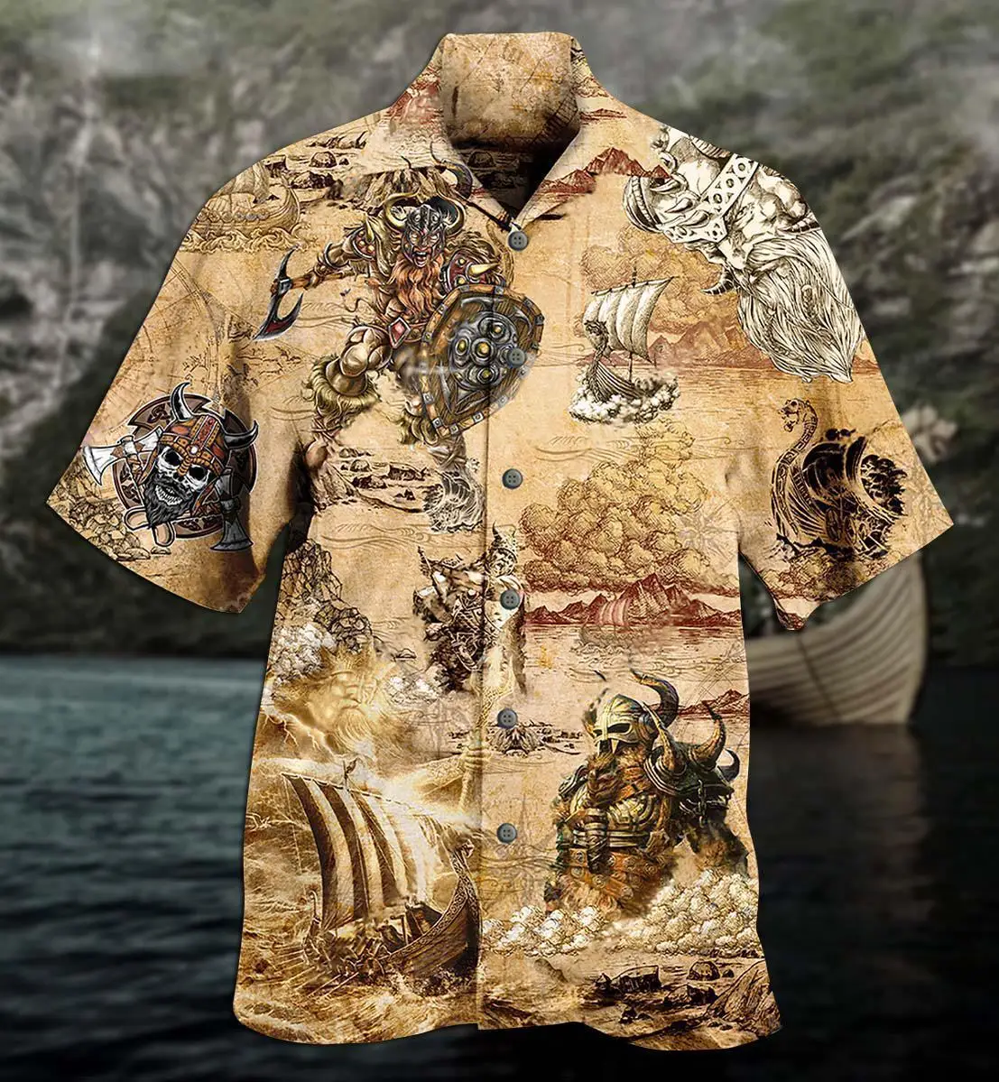 

2022 Viking Painting Hawaiian Shirts Men 3D Print Short Sleeve Tops Vintage Casual Beach Cuban Shirt Holiday Streetwear