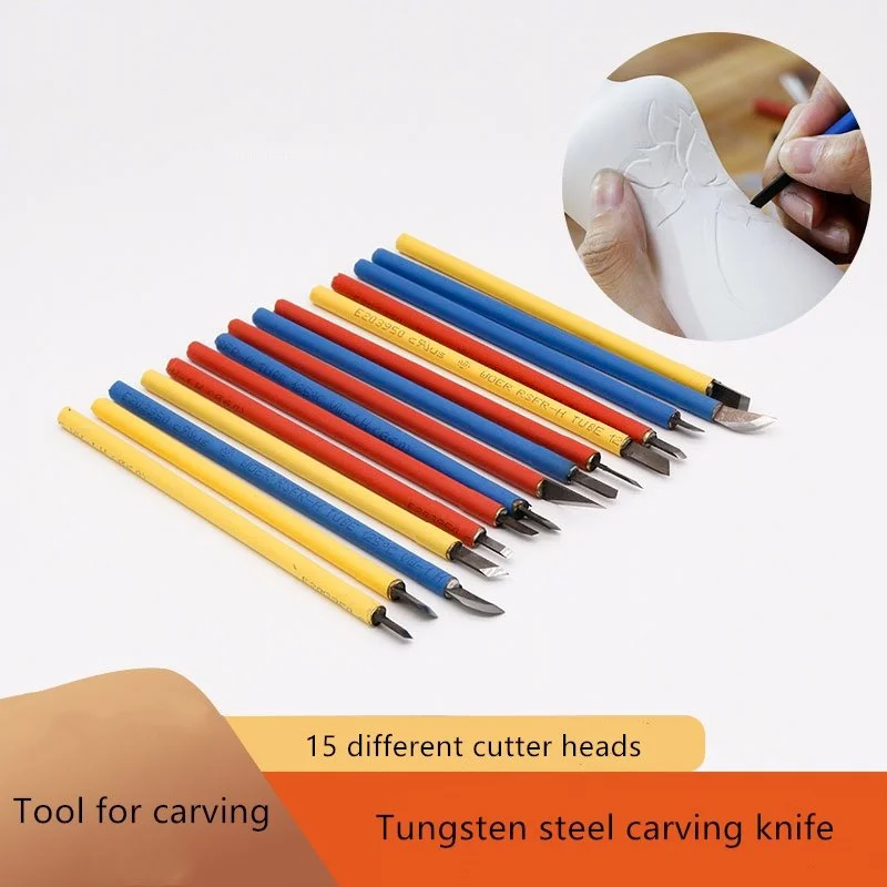 

15 Kinds of Cutter Head Tungsten Steel Carving Knife Clay Sculpture Tool Pottery DIY Fine Carving Clay Engraving Pattern Tool