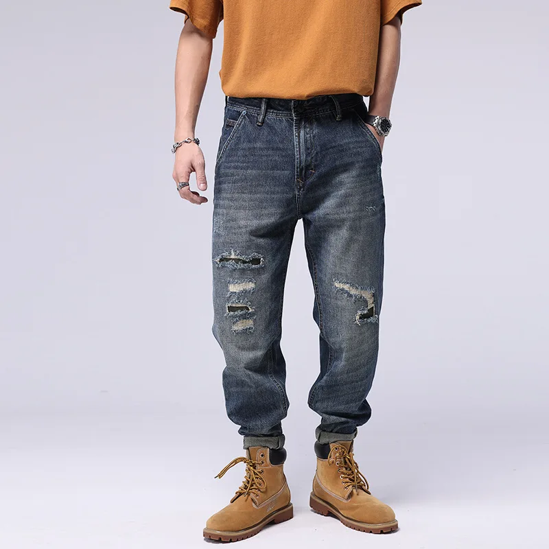 Ripped Loose Baggy Jeans Men Streetwear Wide Straight Leg Distressed Oversize Pants Blue Wash Plus Size Jean Homme 36 38 40