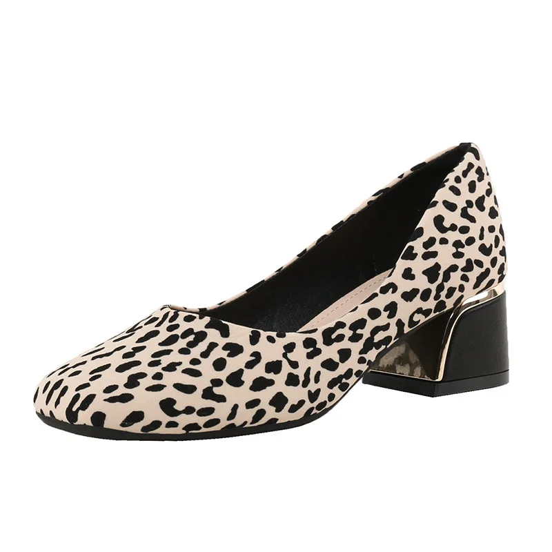 

Spring 2022 Low-Cut Leopard Print Chunky Heel Square Toe Shoes Fairy Style Wanwan Style Shoes Women's Soft Leather Shoes