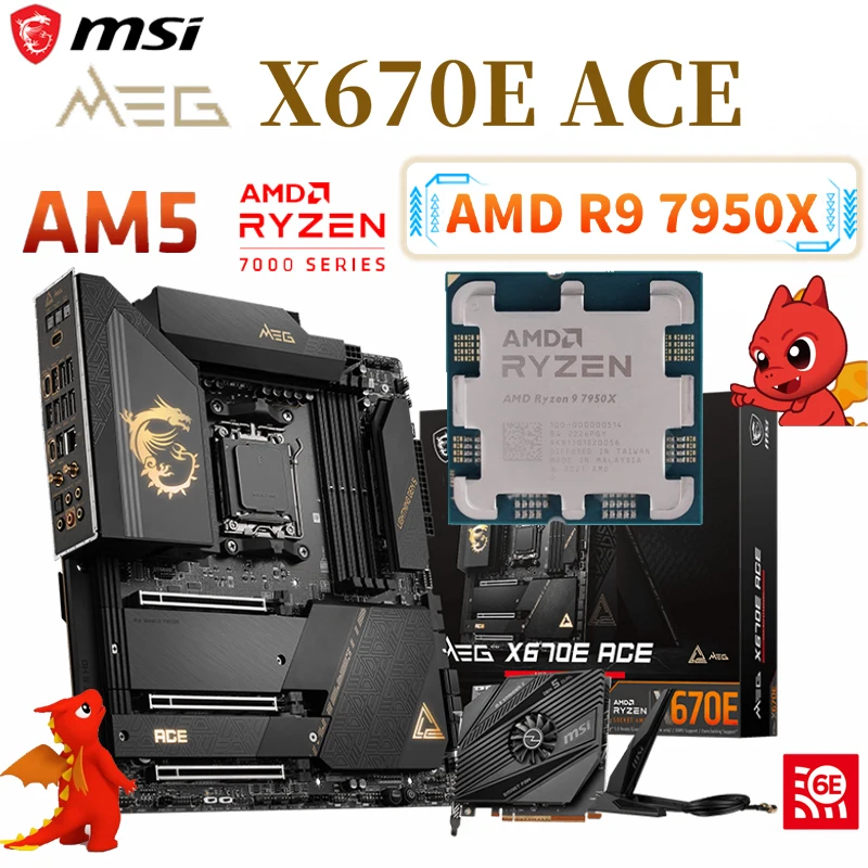 

Материнская плата MSI Мег X670E ACE AM5 + AMD Ryzen 9 7950X, комплект ЦП с поддержкой DDR5 128 Гб PCIe 5,0 M.2 SSD RGB ATX, материнская плата для настольного компьютера, Но...