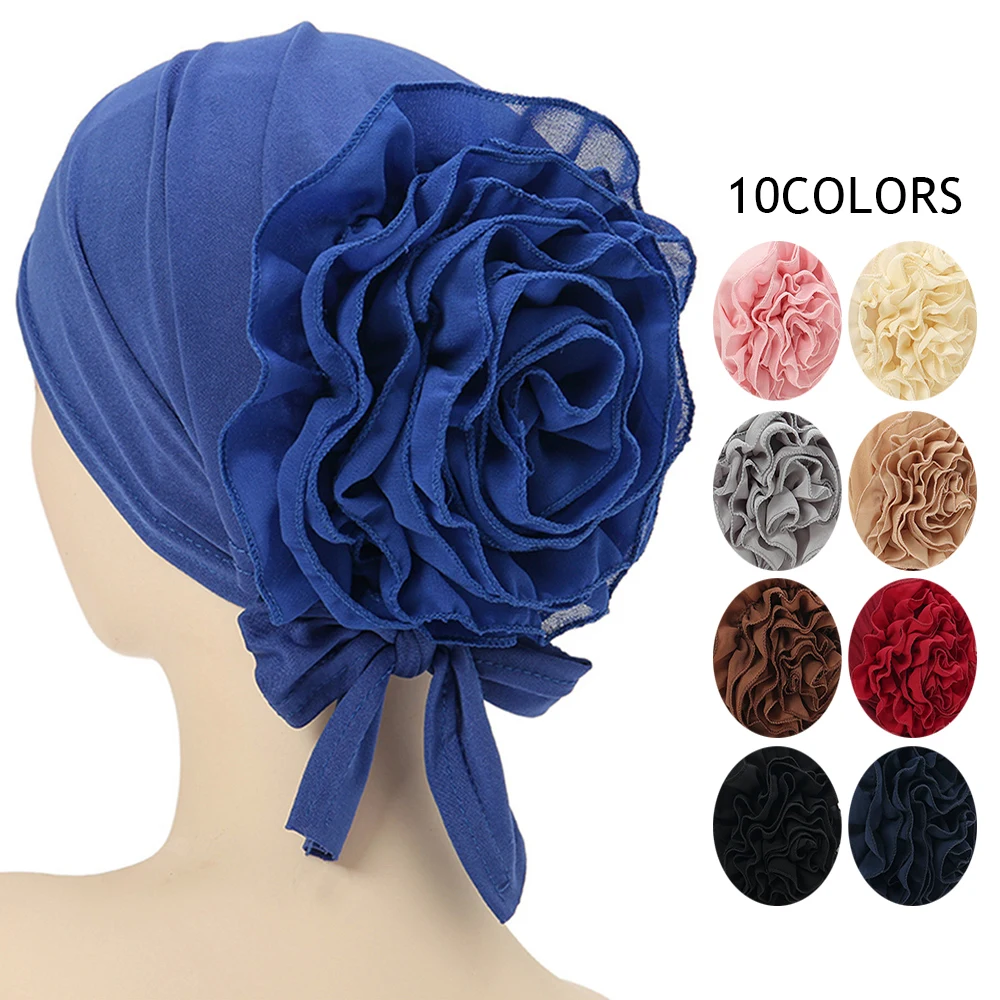 

Versatile Straps Muslim Chiffon Large Plate Flower Cap Baotou Arab Turban Spot Europe And The United State Monochrome Turban Hat