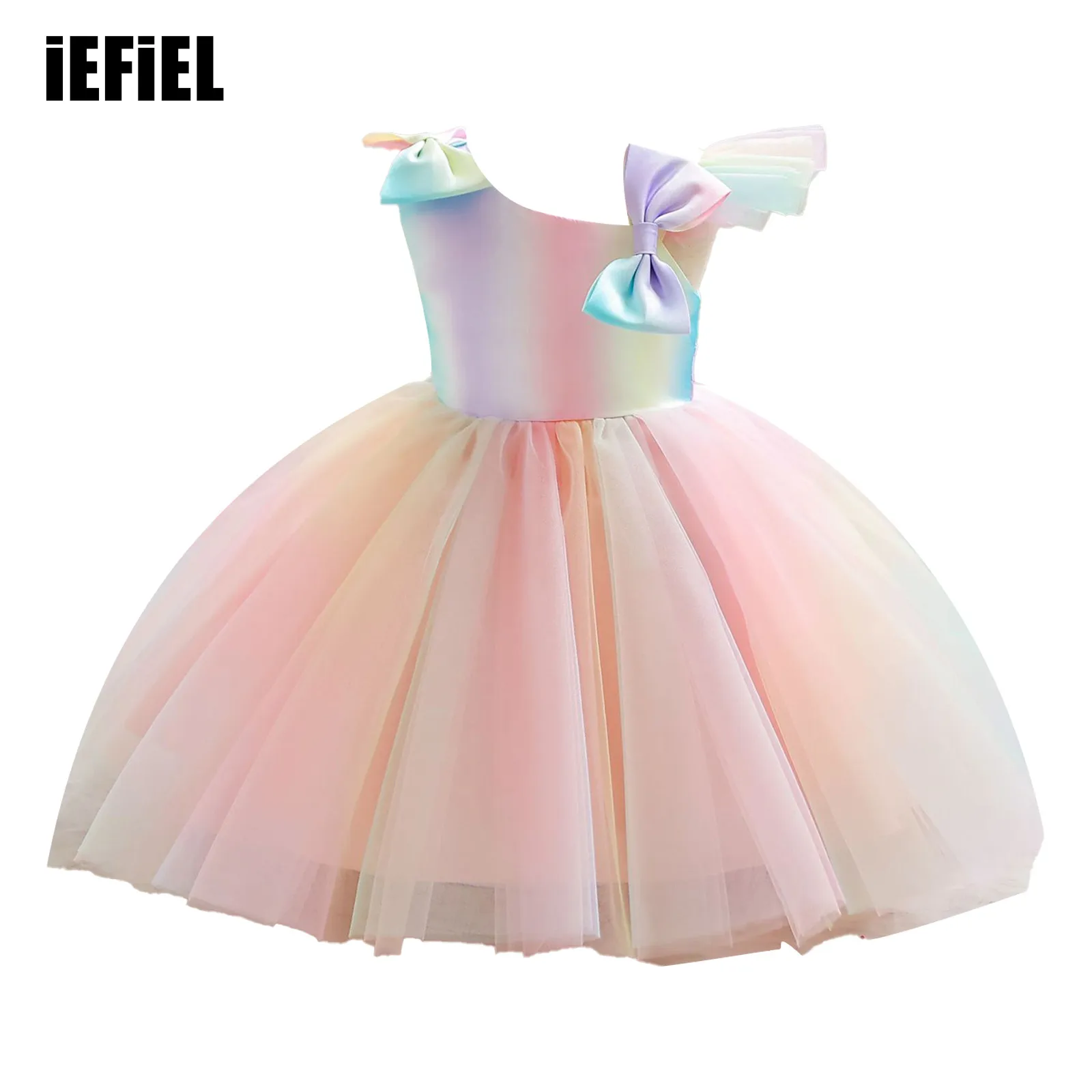 

Rainbow Gradient Party Dress Cute Baby Girls Sleeveless Bowknot Ruffle Splice Princess Tutu Gown for Wedding Flower Girl Dress