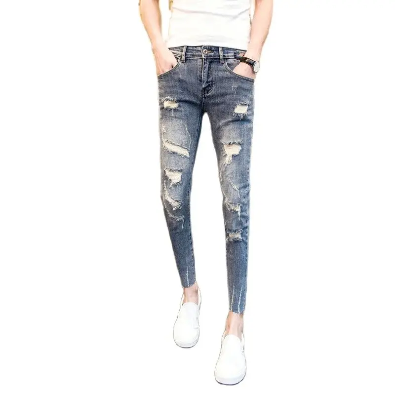 

Wholesale 2022 Fashion Teenagers Students Stretch Hip Hop Men's Slim-fit Denim Pants Ripped Hole Guy Pants Hommes Jeans Hombre