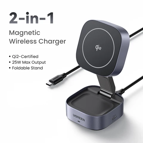 Магнитная беспроводная зарядная станция UGREEN Qi2/Qi 15W 2-в-1 для iPhone 16/17 Pro Max/AirPods с быстрой зарядкой MagSafe