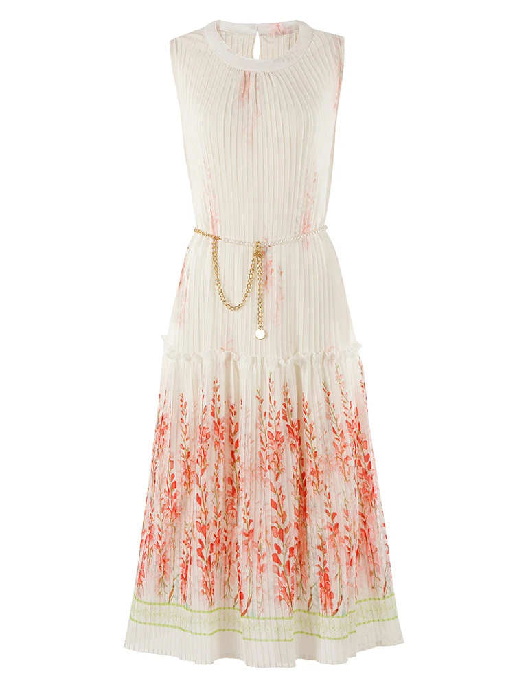 GVUW плиссированное платье с принтом женское круглым воротником без рукавов на